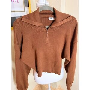 The Sweet Collective Buckley Zip‎ Sweater Brown Ribbed Cropped Quarter Zip Large